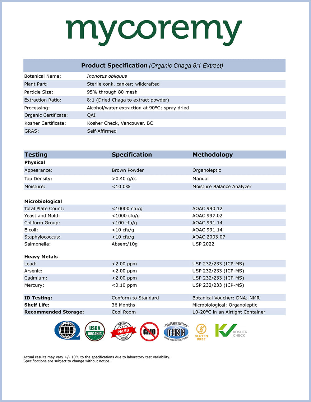 Organic Chaga Product Specification