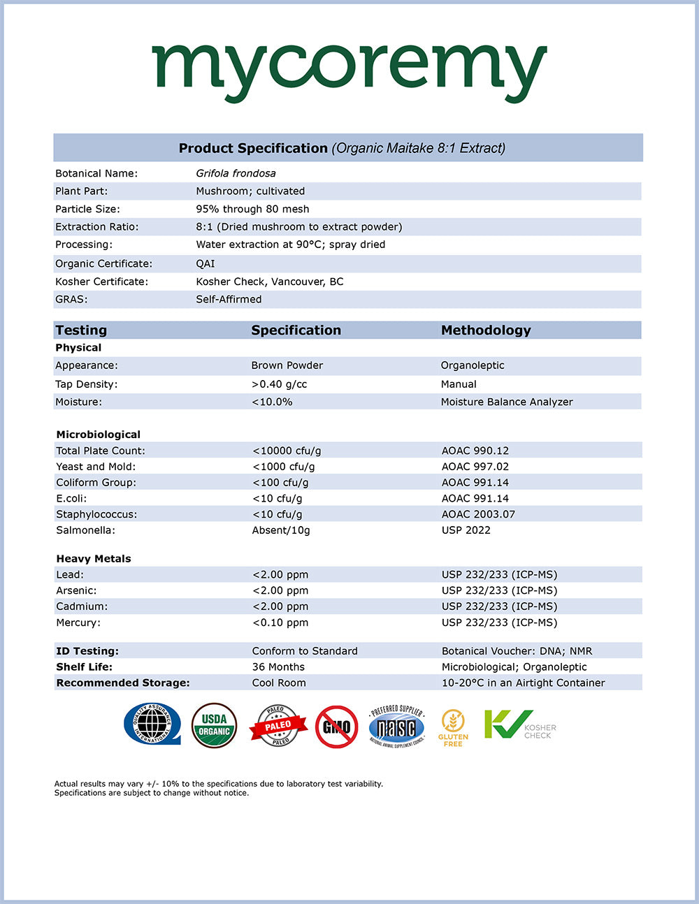 Organic Maitake Product Specification
