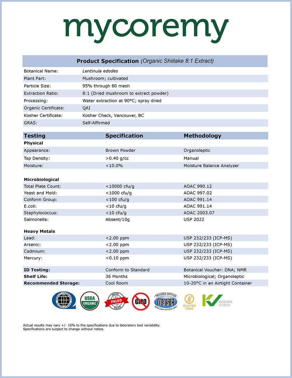 Organic Shiitake Product Specification