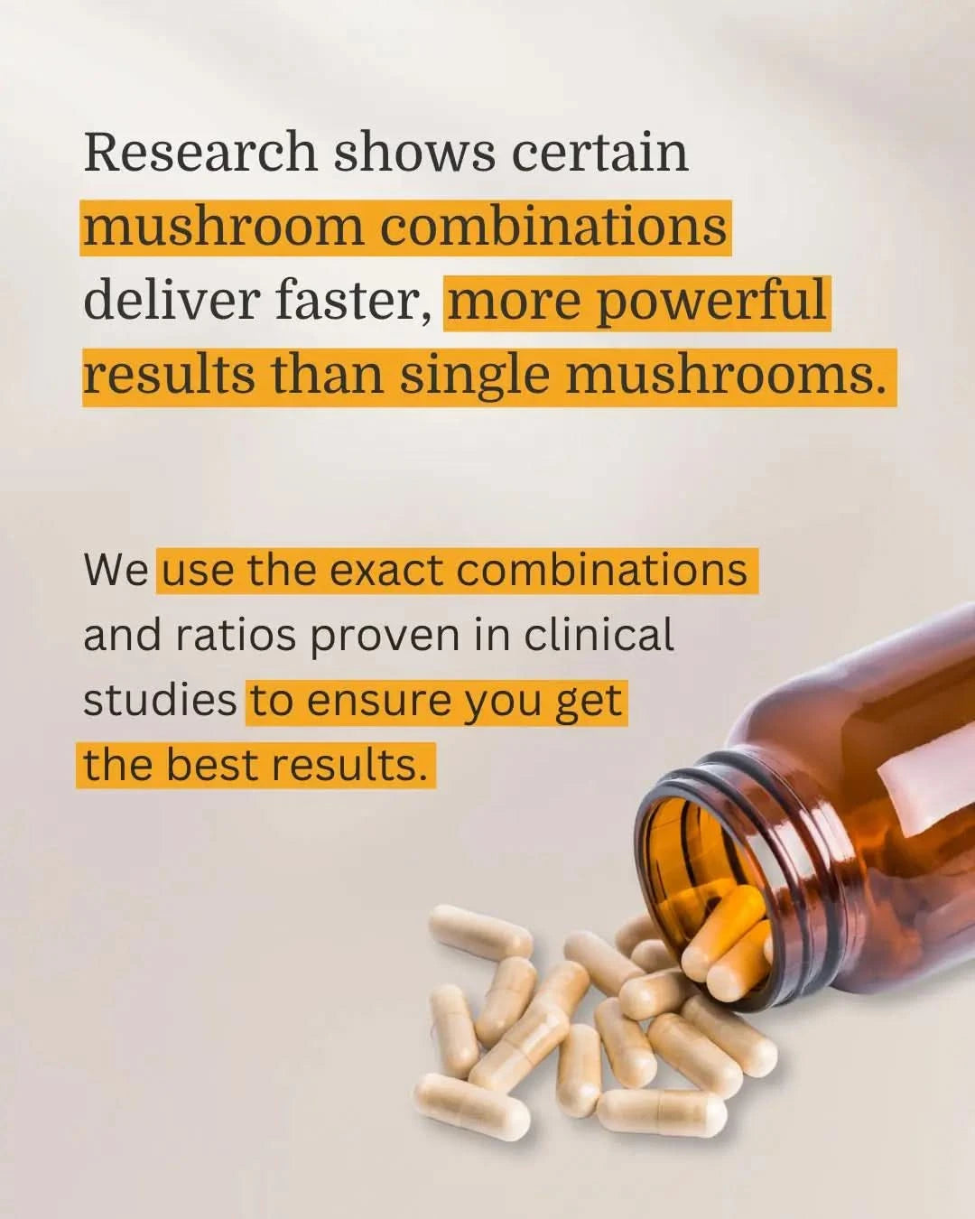 Text highlights benefits of mushroom combinations, with capsules spilling from a bottle for visual emphasis