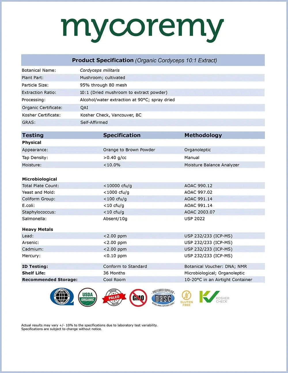 Organic cordyceps product specification