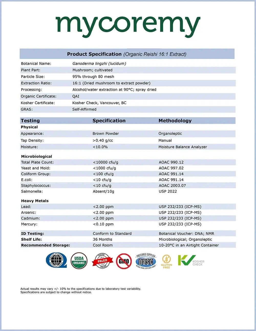 MycoRemy product specification sheet for Organic Reishi 16:1 Extract, detailing testing, certifications, and quality standards