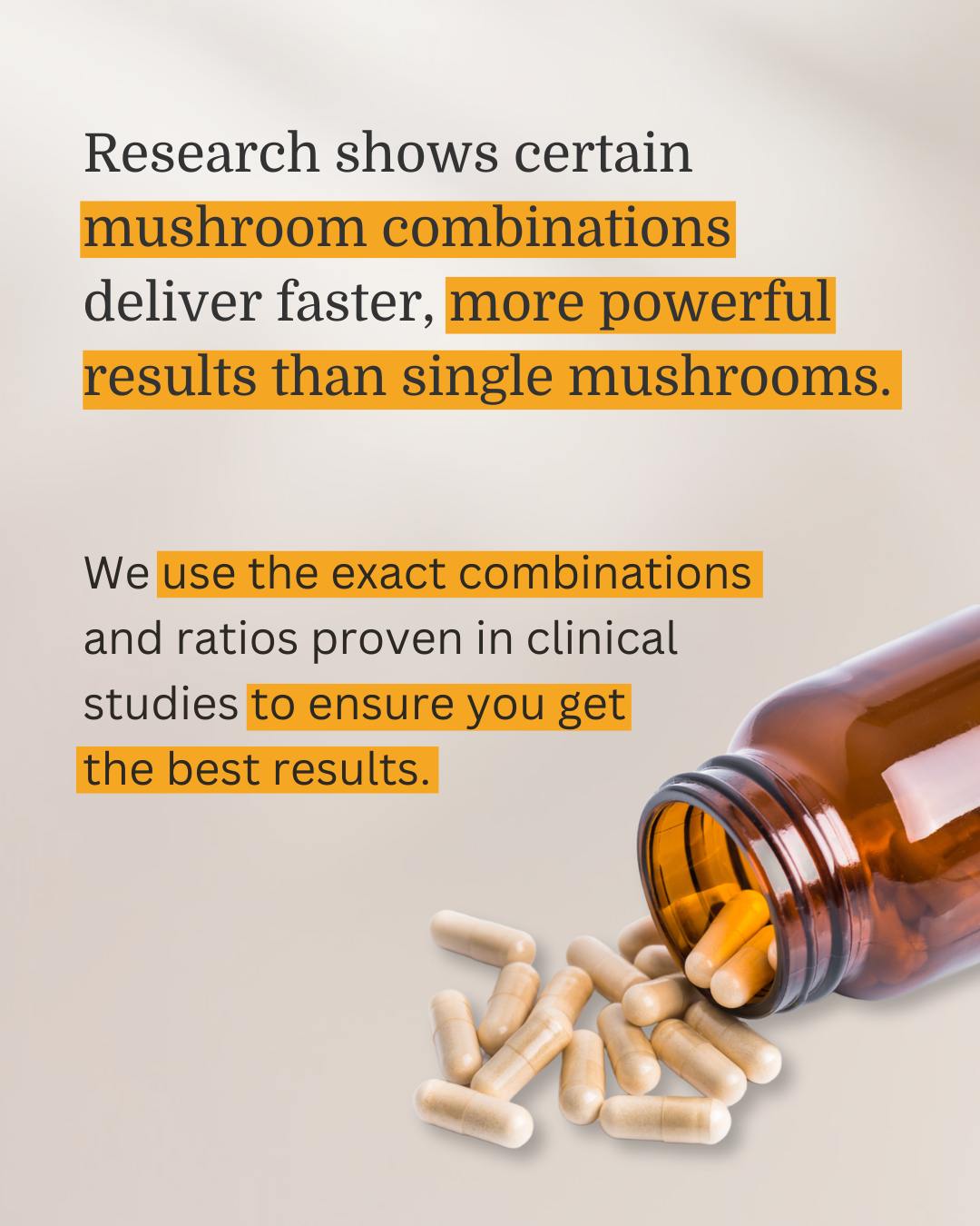 Text highlights benefits of mushroom combinations, with capsules spilling from a bottle for visual emphasis