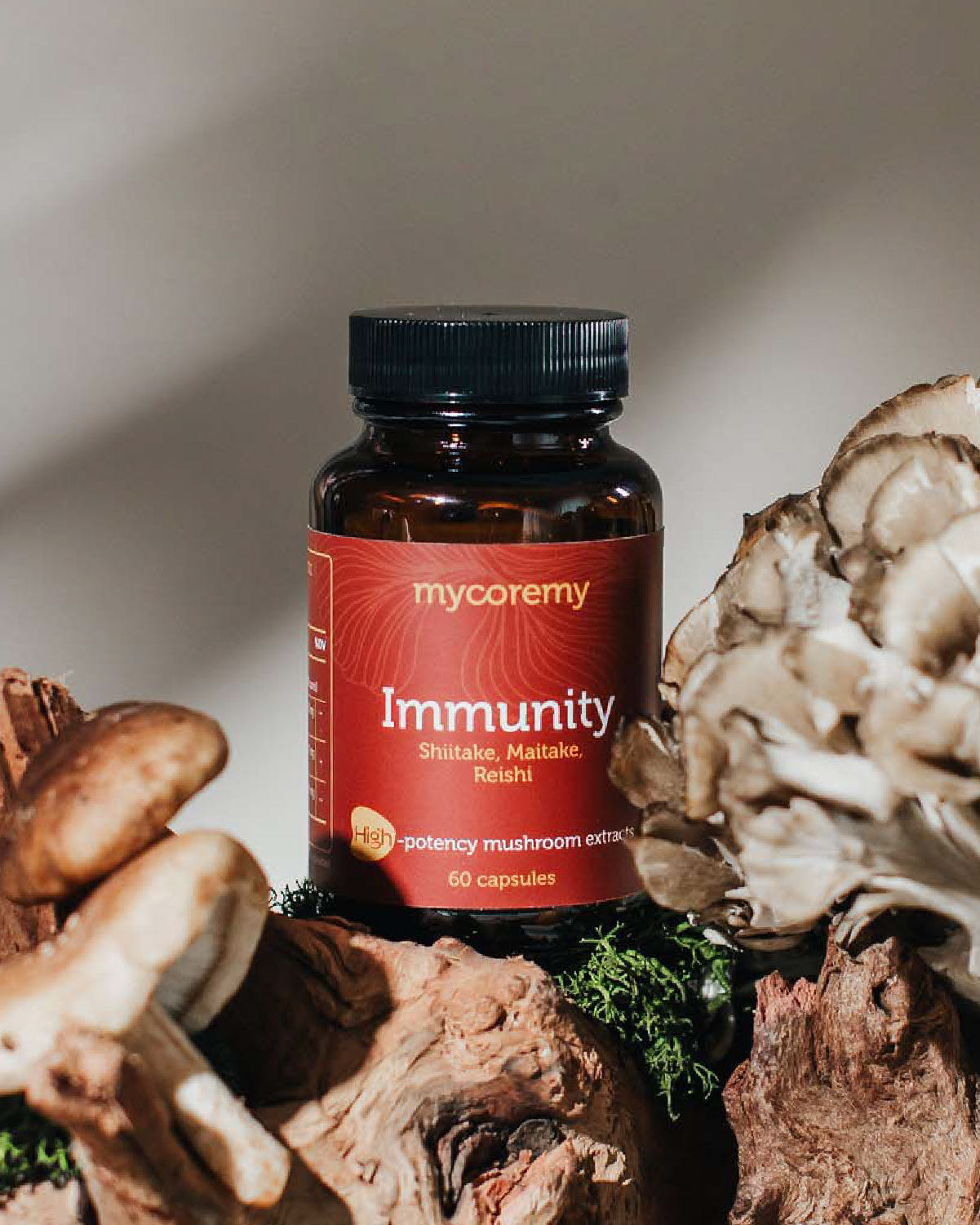 MycoRemy Immunity supplement bottle with Shiitake, Maitake, and Reishi, high-potency mushroom extracts, on a natural background