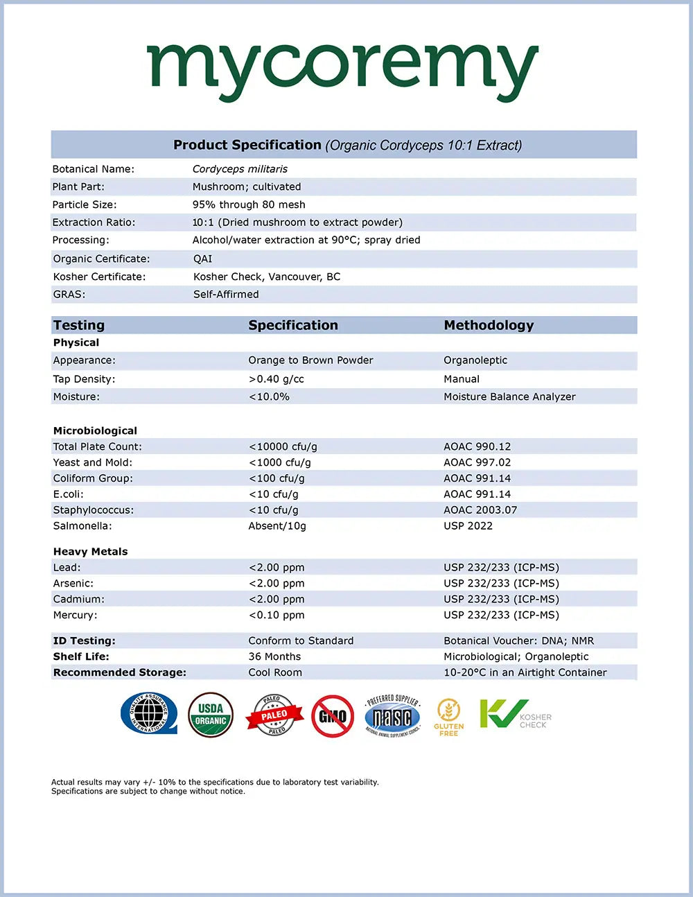 MycoRemy product specification sheet for Organic Cordyceps 10:1 Extract, detailing testing, certifications, and quality standards