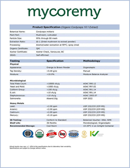 MycoRemy product specification sheet for Organic Cordyceps 10:1 Extract, detailing testing, certifications, and quality standards