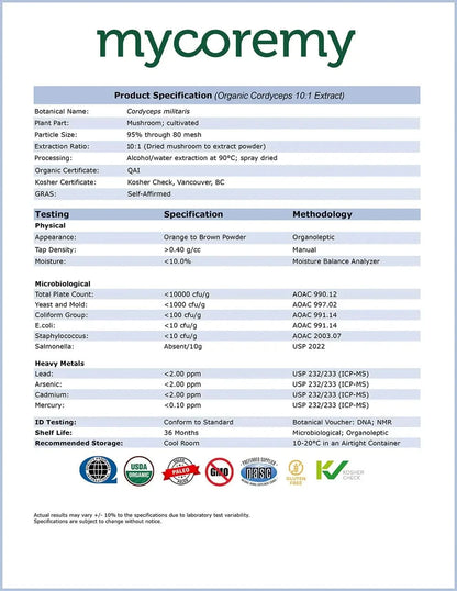 Organic cordyceps product specification