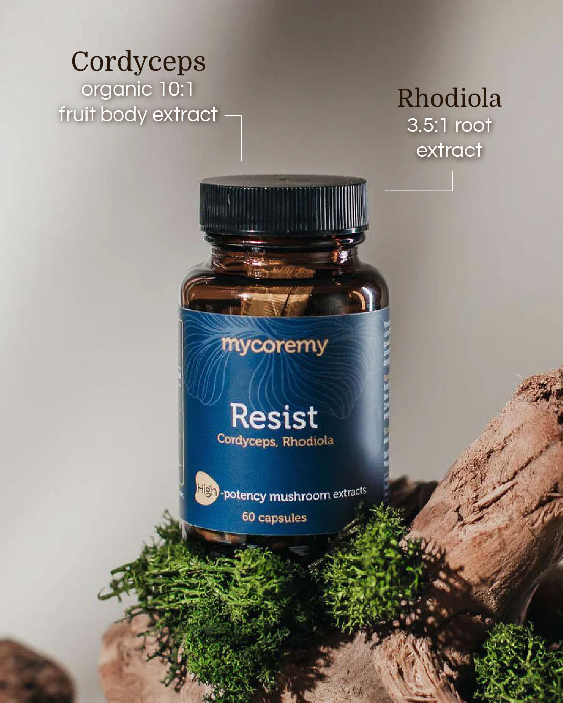 Mycoremy Resist supplement bottle with Cordyceps and Rhodiola extracts highlighted on a moss-covered log