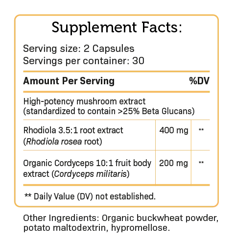 Supplement facts label for MycoRemy Resist, detailing ingredients, serving size, and nutritional information