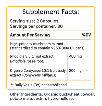 Supplement facts label for MycoRemy Resist, detailing ingredients, serving size, and nutritional information