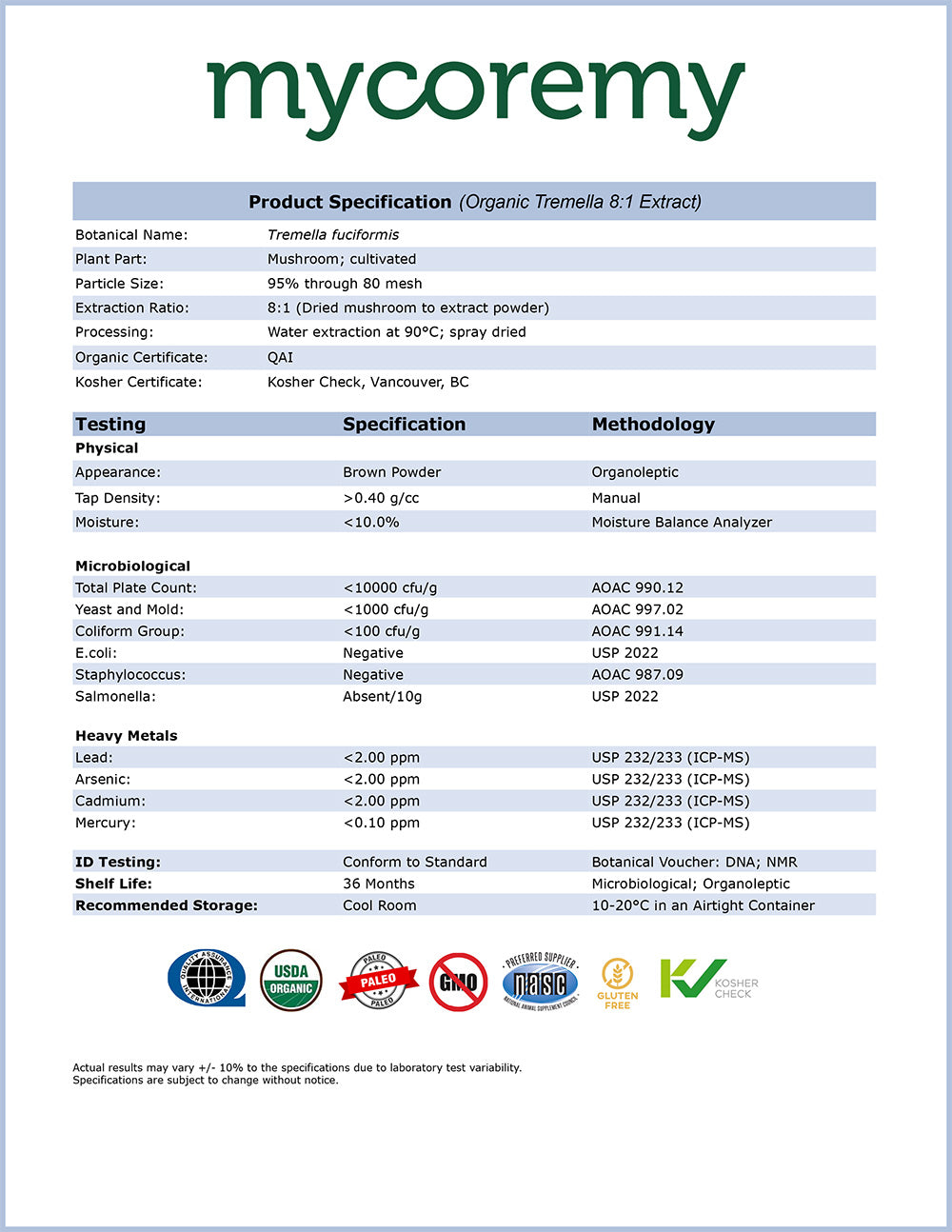 Organic Tremella Produc Specification